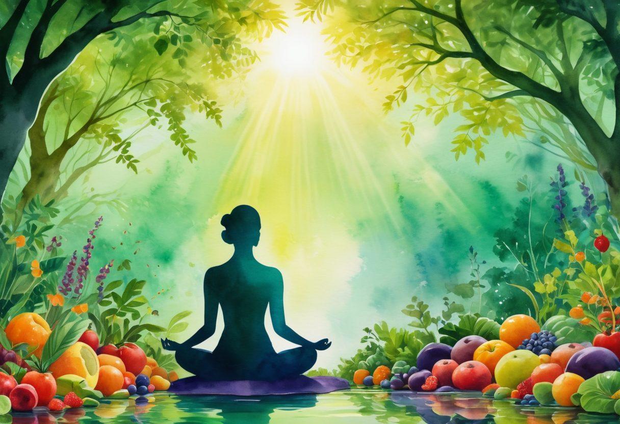 A serene landscape depicting a healthy human silhouette meditating in a lush green environment, surrounded by vibrant fruits, vegetables, and herbal plants symbolizing holistic nutrition. In the background, subtle illustrations of innovative therapy tools like acupuncture needles and essential oils emerge from the natural elements. Soft sunlight filters through the leaves, creating a calming atmosphere, conveying hope and healing. watercolor painting. vibrant colors. calming tones.